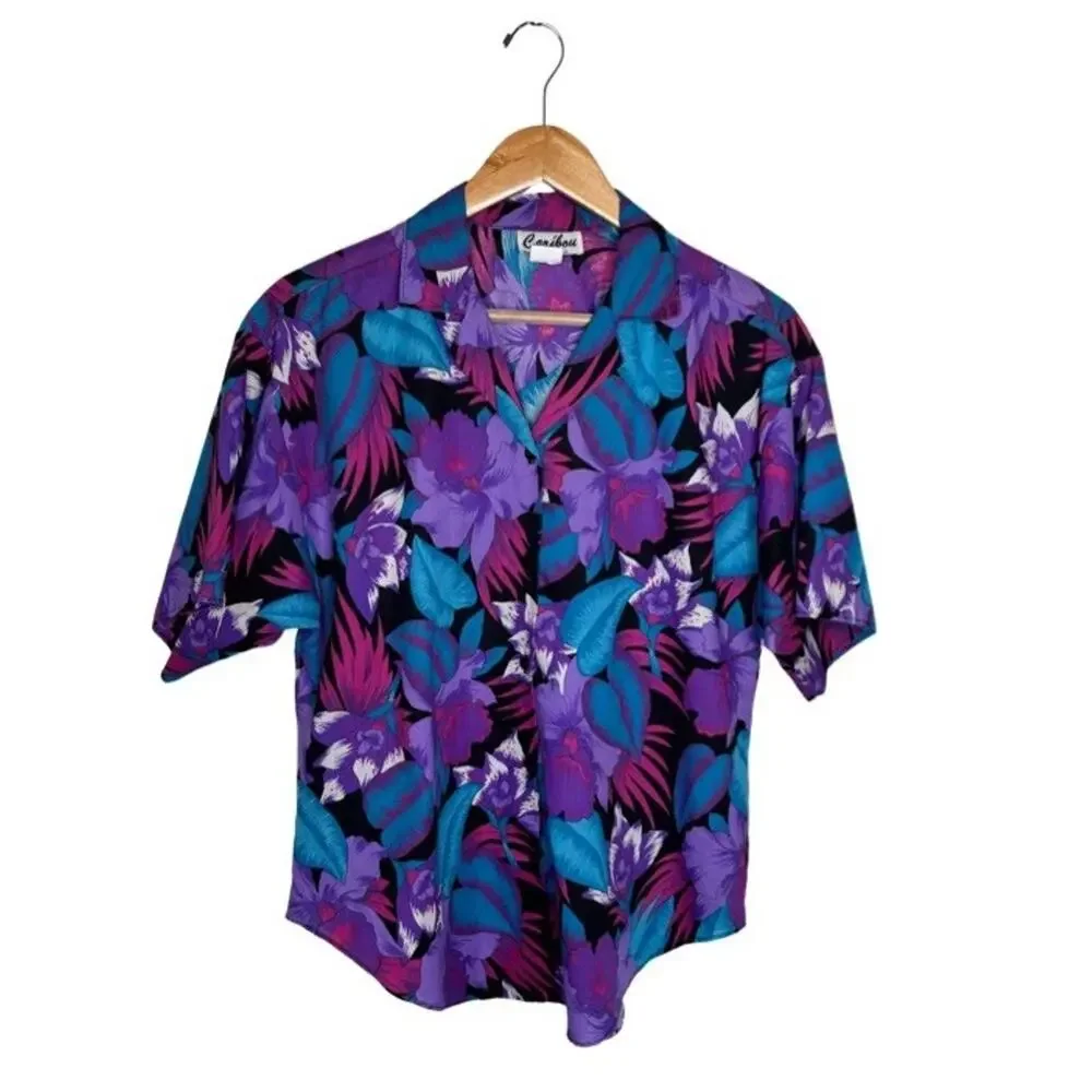 Y2K Caribou Button Up Hawaiian Womens Blue Purple Black Size 12 Cotton Blend